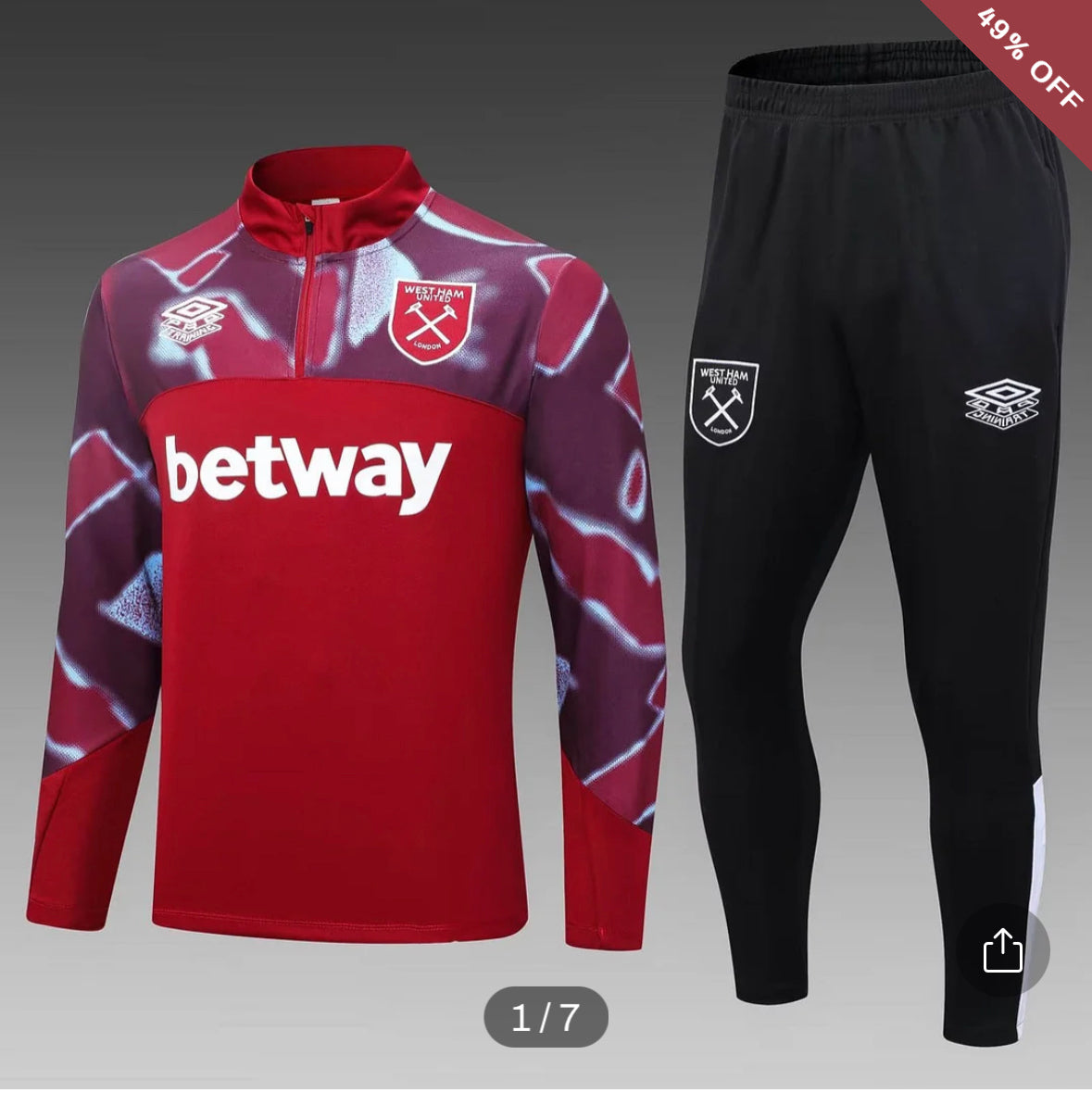 2022/2023 West Ham United Half-Pull Training Suit Red Football Shirt