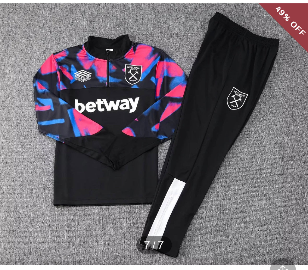 2022/2023 West Ham United Half-Pull Training Suit Black Football Shirt