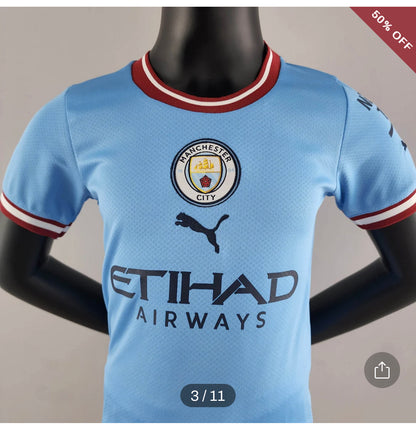 2022/2023 Manchester City Home Football Shirt & Shorts Kids Size