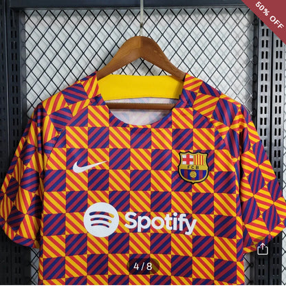 2023/2024 Barcelona Training Wear Striped Plaid Jersey