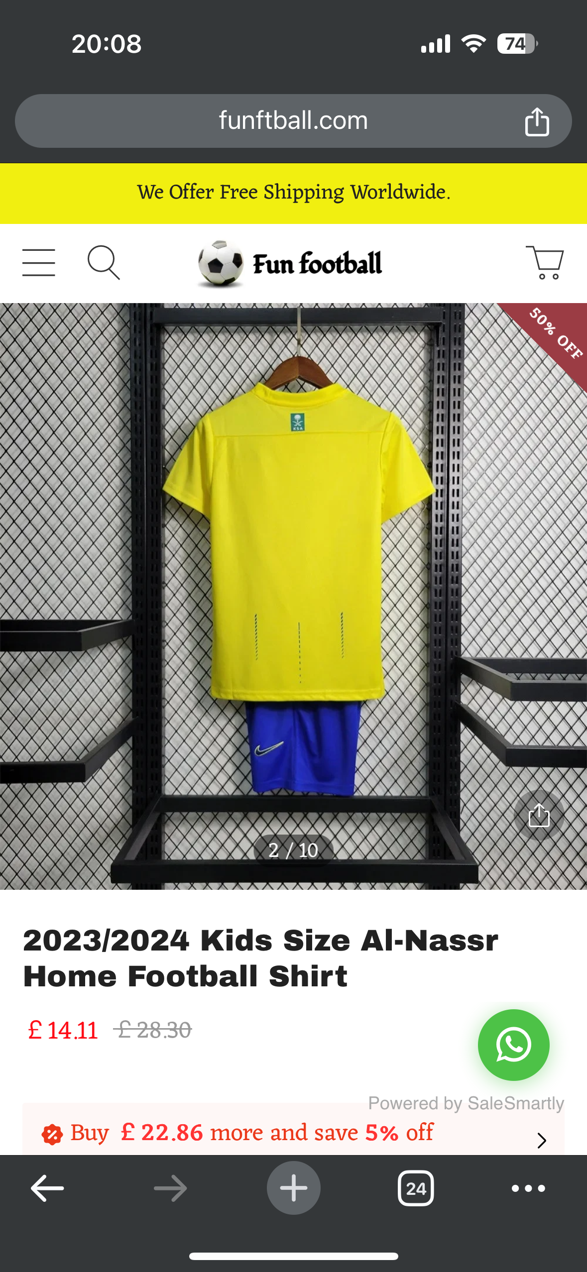 2023/2024 Kids Size Al Nassr Home Football Shirt New in