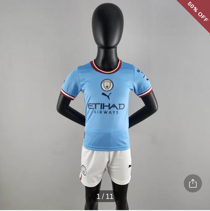 2022/2023 Manchester City Home Football Shirt & Shorts Kids Size